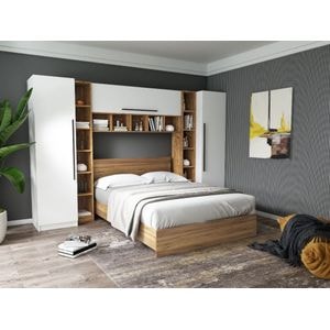 Mobila dormitor Timea, pat 140 x 200 cm, dulap, corp superior, alb-stejar auriu