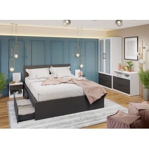 Mobila dormitor Benjamin C04, pat 160 x 200 cm, dulap, comoda, 2 noptiere, alb-antracit