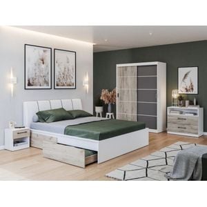 Mobila dormitor Forest c/07, pat 160 x 200 cm, dulap, comoda, 2 noptiere, alb-antracit