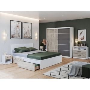 Mobila dormitor Forest c/11, pat 160 x 200 cm, dulap, comoda, 2 noptiere, alb-antracit