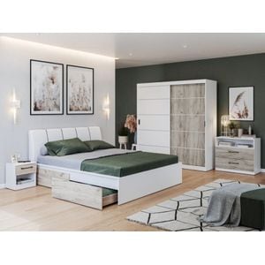 Mobila dormitor Forest c/13, pat 160 x 200 cm, dulap, comoda, 2 noptiere, alb-stejar