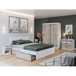 Mobila dormitor Forest c/02, pat 160 x 200 cm, dulap, comoda, 2 noptiere, alb-stejar