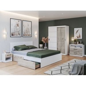 Mobila dormitor Forest c/01, pat 160 x 200 cm, dulap, comoda, 2 noptiere, alb-stejar