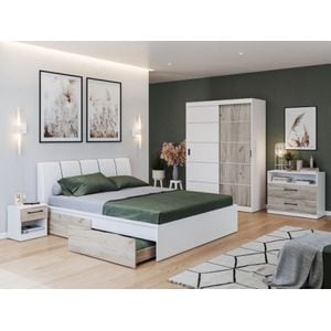 Mobila dormitor Forest c/05, pat 160 x 200 cm, dulap, comoda, 2 noptiere, alb-stejar
