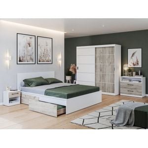 Mobila dormitor Forest c/09, pat 160 x 200 cm, dulap, comoda, 2 noptiere, alb-stejar