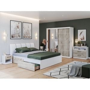Mobila dormitor Forest c/16, pat 160 x 200 cm, dulap, comoda, 2 noptiere, alb-stejar
