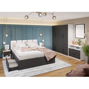 Mobila dormitor Benjamin C12, pat 160 x 200 cm, dulap, comoda, 2 noptiere, alb-antracit