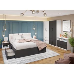 Mobila dormitor Benjamin C13, pat 160 x 200 cm, dulap, comoda, 2 noptiere, alb-antracit