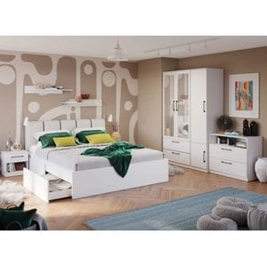 Mobila dormitor Snow C22, pat 160 x 200 cm, dulap, comoda, 2 noptiere, alb