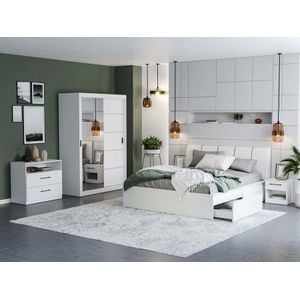 Mobila dormitor Nordis c/06, pat 160 x 200 cm, dulap, comoda, 2 noptiere, alb