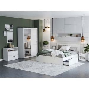 Mobila dormitor Nordis c/02, pat 160 x 200 cm, dulap, comoda, 2 noptiere, alb