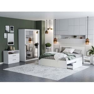 Mobila dormitor Nordis c/03, pat 160 x 200 cm, dulap, comoda, 2 noptiere, alb