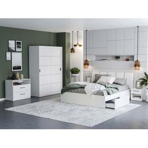 Mobila dormitor Nordis c/05, pat 160 x 200 cm, dulap, comoda, 2 noptiere, alb