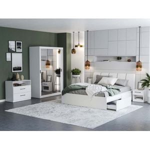 Mobila dormitor Nordis c/07, pat 160 x 200 cm, dulap, comoda, 2 noptiere, alb