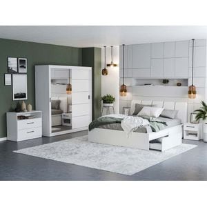 Mobila dormitor Nordis c/14, pat 160 x 200 cm, dulap, comoda, 2 noptiere, alb