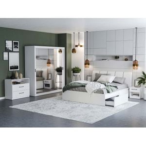 Mobila dormitor Nordis c/15, pat 160 x 200 cm, dulap, comoda, 2 noptiere, alb