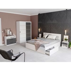 Mobila dormitor Avangard c/01, pat 160 x 200 cm, dulap, comoda, 2 noptiere, alb-antracit