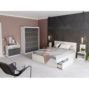 Mobila dormitor Avangard c/02, pat 160 x 200 cm, dulap, comoda, 2 noptiere, alb-antracit