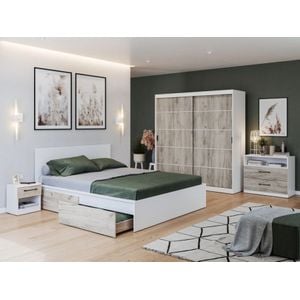 Mobila dormitor Forest c/10, pat 160 x 200 cm, dulap, comoda, 2 noptiere, alb-stejar