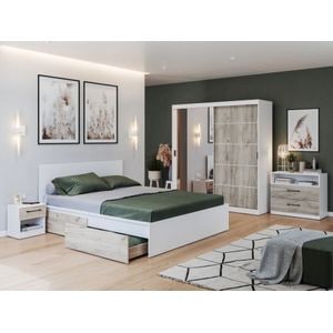 Mobila dormitor Forest c/12, pat 160 x 200 cm, dulap, comoda, 2 noptiere, alb-stejar