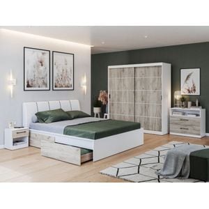 Mobila dormitor Forest c/14, pat 160 x 200 cm, dulap, comoda, 2 noptiere, alb-stejar