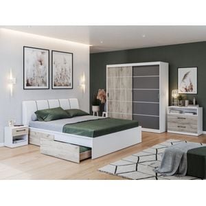 Mobila dormitor Forest c/15, pat 160 x 200 cm, dulap, comoda, 2 noptiere, alb-antracit