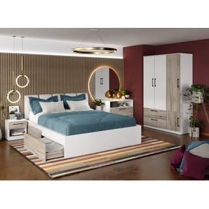 Mobila dormitor Relax c13, pat 160 x 200 cm, dulap, comoda, 2 noptiere, alb-stejar