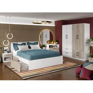 Mobila dormitor Relax c19, pat 160 x 200 cm, dulap, comoda, 2 noptiere, alb-stejar