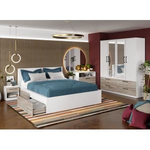 Mobila dormitor Relax c12, pat 160 x 200 cm, dulap, comoda, 2 noptiere, alb-stejar