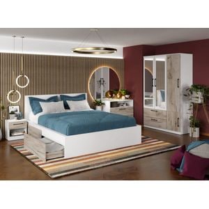 Mobila dormitor Relax c10, pat 160 x 200 cm, dulap, comoda, 2 noptiere, alb-stejar