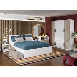 Mobila dormitor Relax c11, pat 160 x 200 cm, dulap, comoda, 2 noptiere, alb-stejar