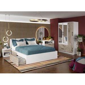 Mobila dormitor Relax c17, pat 160 x 200 cm, dulap, comoda, 2 noptiere, alb-stejar