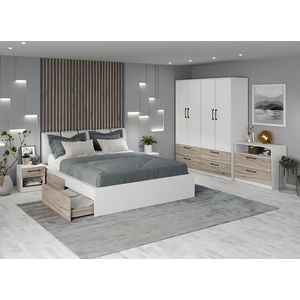 Mobila dormitor Relax c18, pat 160 x 200 cm, dulap, comoda, 2 noptiere, alb-stejar