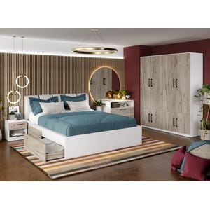 Mobila dormitor Relax c20, pat 160 x 200 cm, dulap, comoda, 2 noptiere, alb-stejar