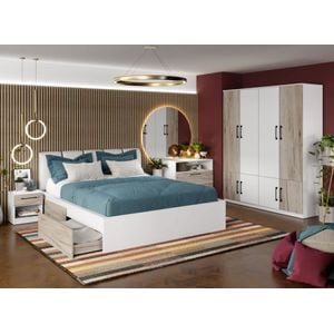 Mobila dormitor Relax c21, pat 160 x 200 cm, dulap, comoda, 2 noptiere, alb-stejar