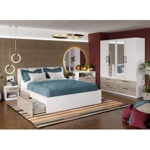 Mobila dormitor Relax c22, pat 160 x 200 cm, dulap, comoda, 2 noptiere, alb-stejar