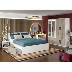 Mobila dormitor Relax c23, pat 160 x 200 cm, dulap, comoda, 2 noptiere, alb-stejar