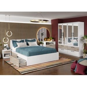 Mobila dormitor Relax c24, pat 160 x 200 cm, dulap, comoda, 2 noptiere, alb-stejar