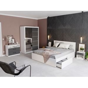Mobila dormitor Avangard c/03, pat 160 x 200 cm, dulap, comoda, 2 noptiere, alb-antracit