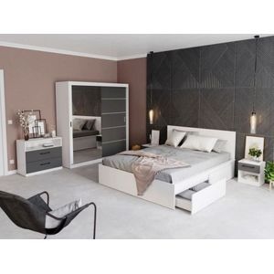 Mobila dormitor Avangard c/06, pat 160 x 200 cm, dulap, comoda, 2 noptiere, alb-antracit