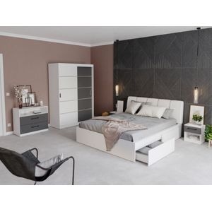 Mobila dormitor Avangard c/07, pat 160 x 200 cm, dulap, comoda, 2 noptiere, alb-antracit