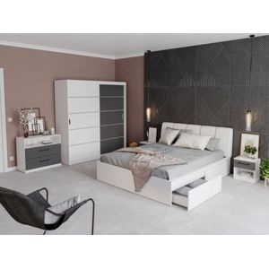 Mobila dormitor Avangard c/10, pat 160 x 200 cm, dulap, comoda, 2 noptiere, alb-antracit