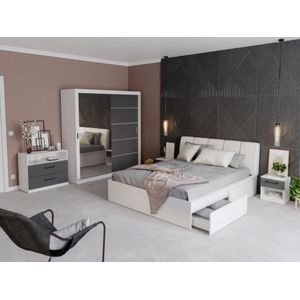 Mobila dormitor Avangard c/12, pat 160 x 200 cm, dulap, comoda, 2 noptiere, alb-antracit