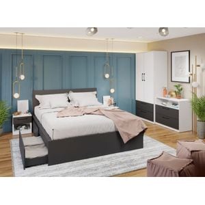 Mobila dormitor Benjamin C01, pat 160 x 200 cm, dulap, comoda, 2 noptiere, alb-antracit