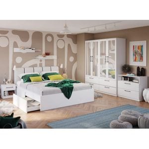 Mobila dormitor Snow C28, pat 160 x 200 cm, dulap, comoda, 2 noptiere, alb