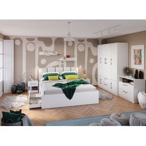 Mobila dormitor Snow C29, pat 160 x 200 cm, dulap, comoda, 2 noptiere, alb