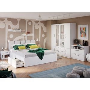 Mobila dormitor Snow C30, pat 160 x 200 cm, dulap, comoda, 2 noptiere, alb