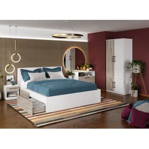 Mobila dormitor Relax c03, pat 160 x 200 cm, dulap, comoda, 2 noptiere, alb-stejar