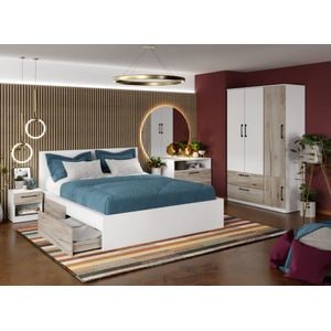 Mobila dormitor Relax c06, pat 160 x 200 cm, dulap, comoda, 2 noptiere, alb-stejar