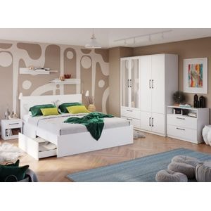 Mobila dormitor Snow C15, pat 160 x 200 cm, dulap, comoda, 2 noptiere, alb